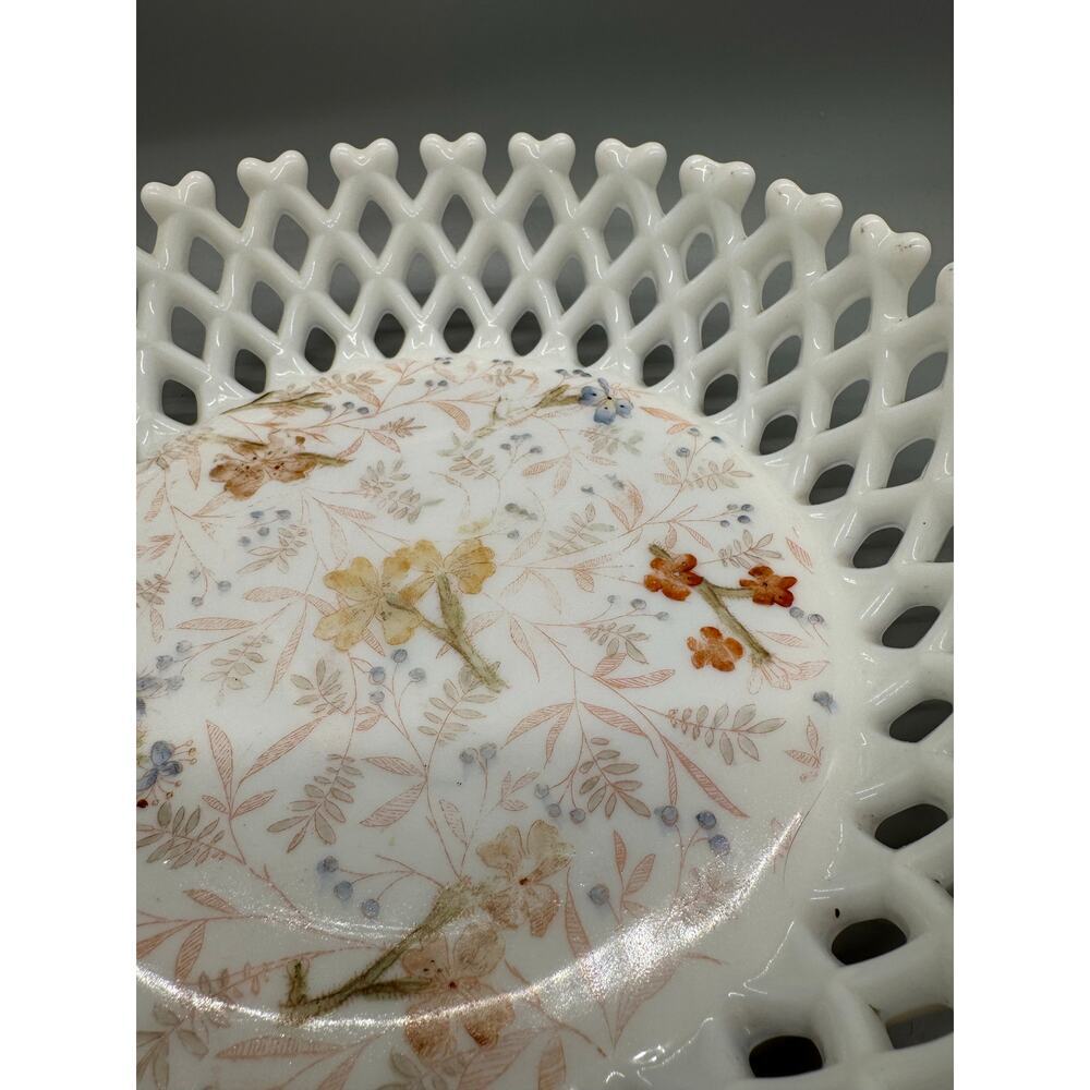Vtg. Milk Glass Painted Floral Bowl Basket weave Lattice Fruit Compote Open Lace - Picture 10 of 13